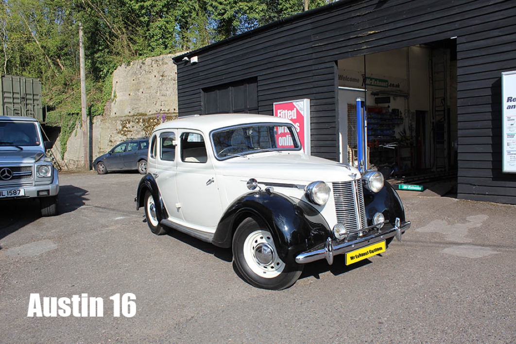 A fully fabricated stainless exhaust system for an Austin 16