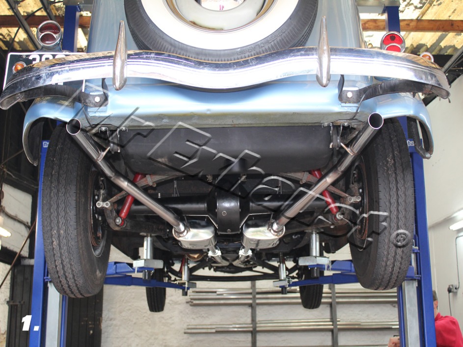 A fully fabricated stainless exhaust system for a Ford Model 48 